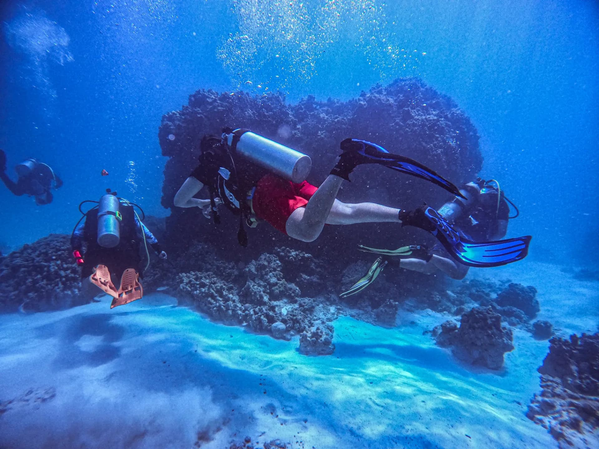 Scuba diver exploring coral reef at Pigeon Island Marine Sanctuary, Trincomalee