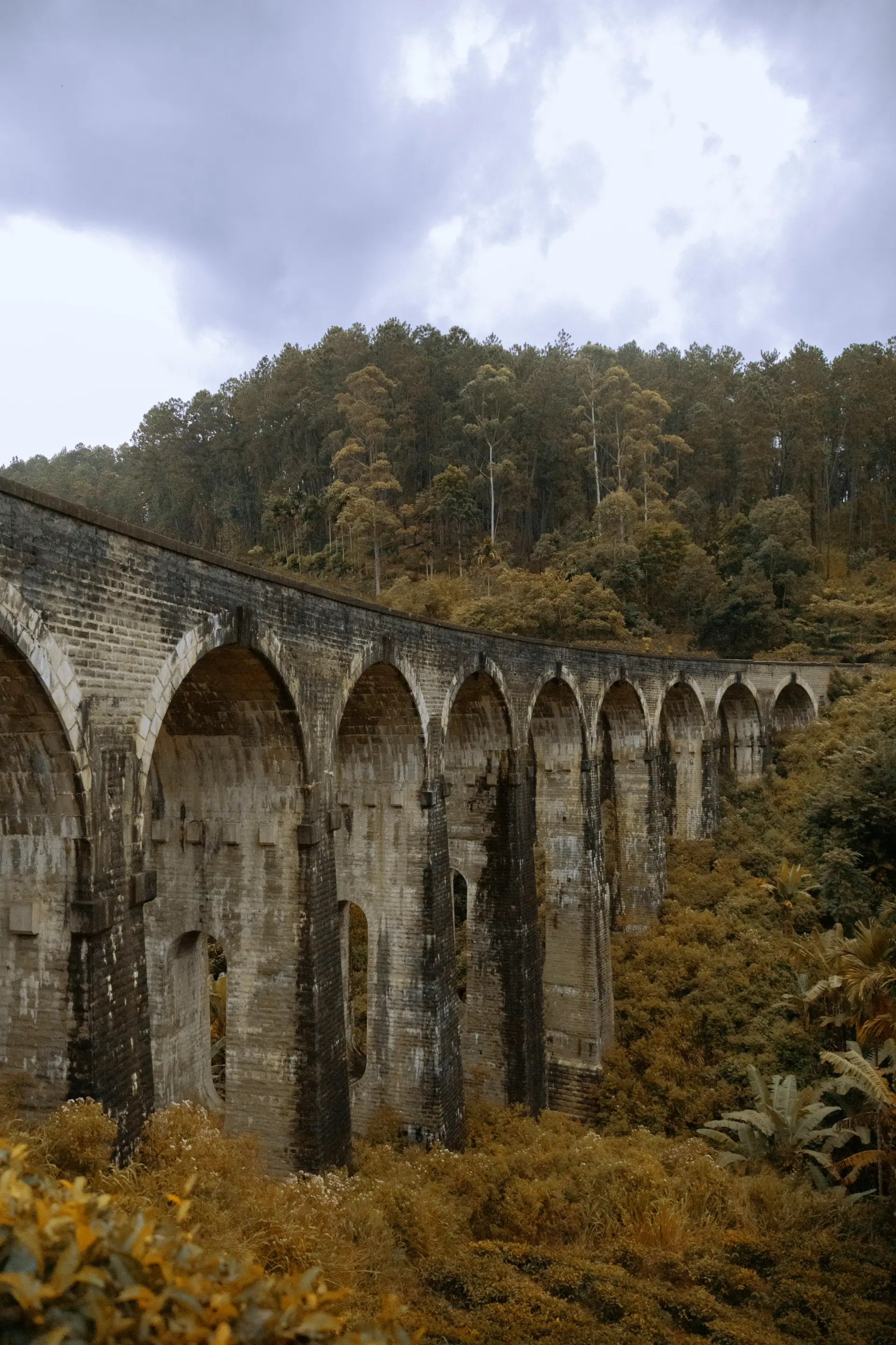 Nine Arch Bridge with a blue train crossing in Ella