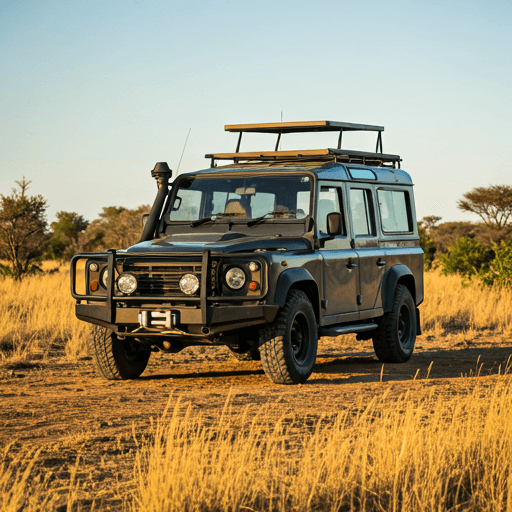 Rugged 4x4 safari vehicle in golden-hour savanna
